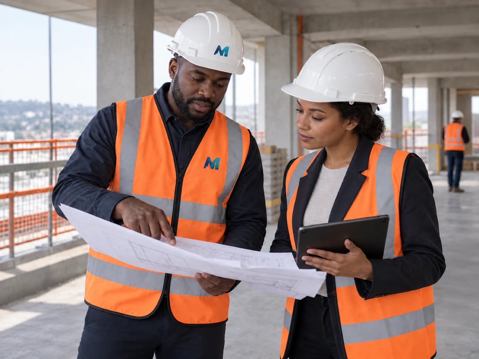 Conducteur de travaux Munzemba et son interlocutrice examinant un plan et une tablette sur un chantier.