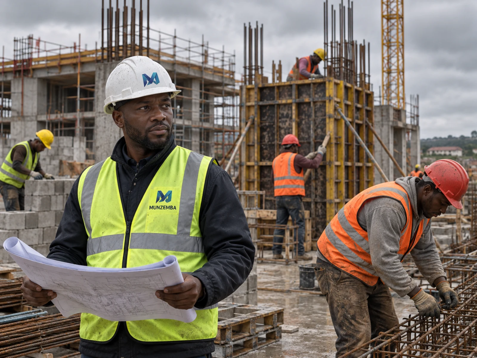 Responsable Munzemba devant des équipes de gros œuvre équipées sur un chantier.