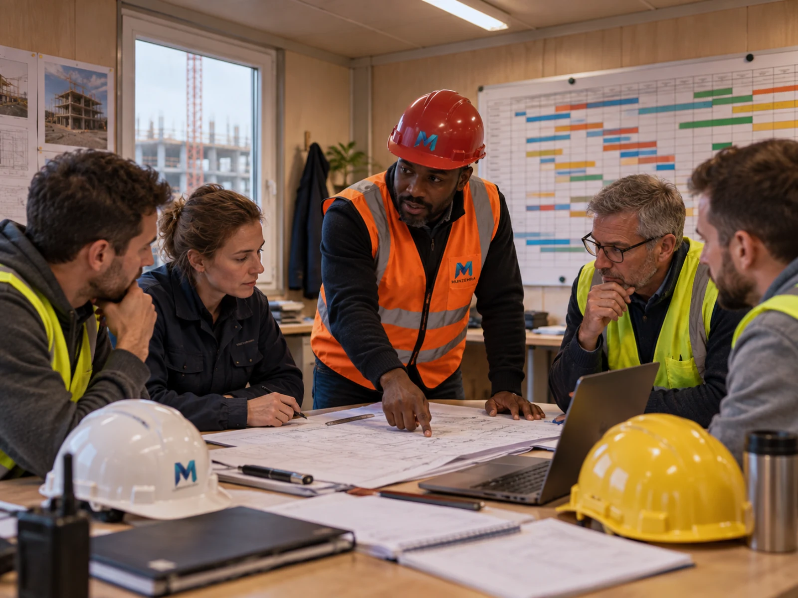 Réunion de coordination autour des plans et du planning d’un chantier.