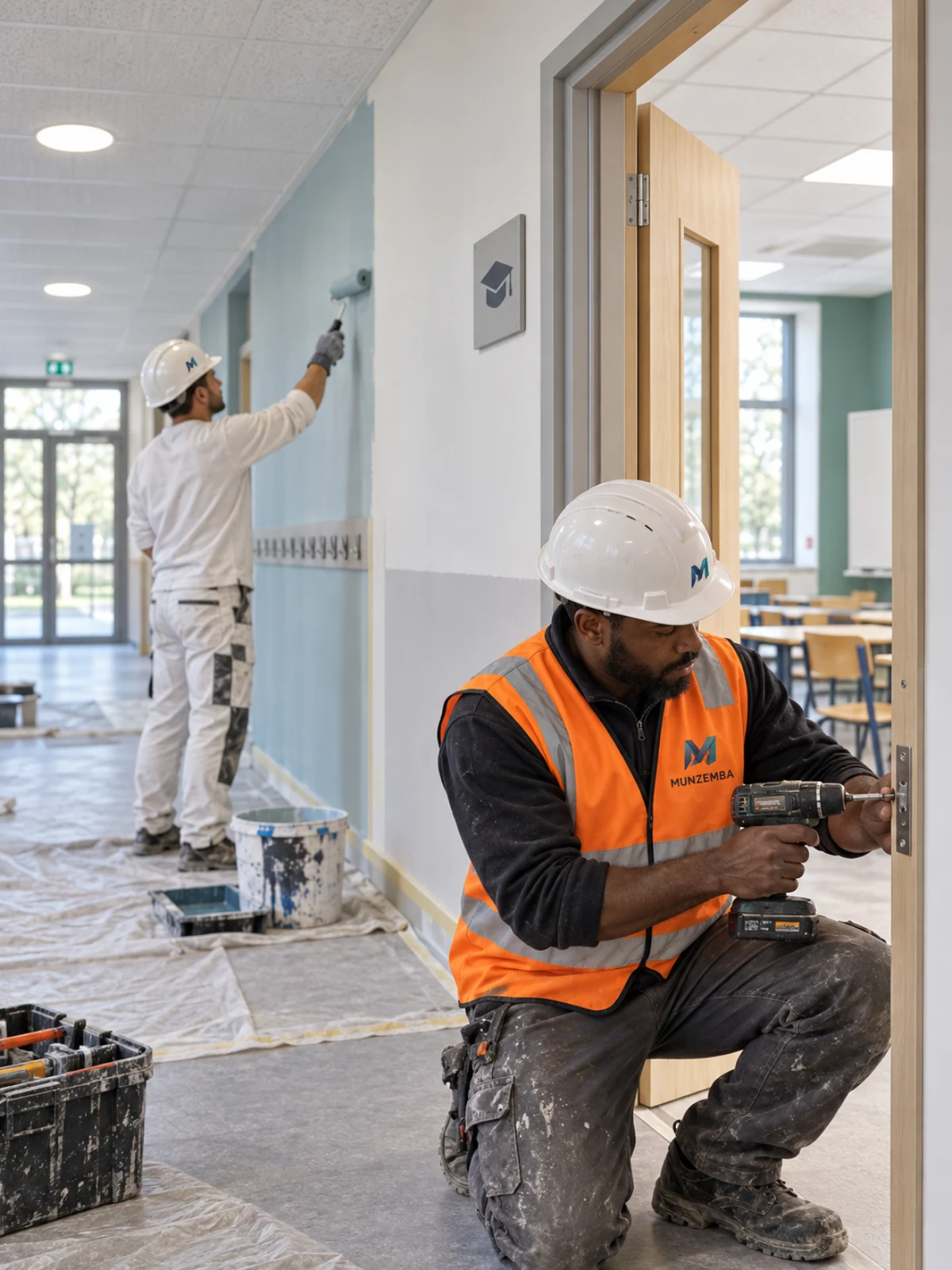 Peinture et pose de menuiserie dans le couloir d’un établissement scolaire.