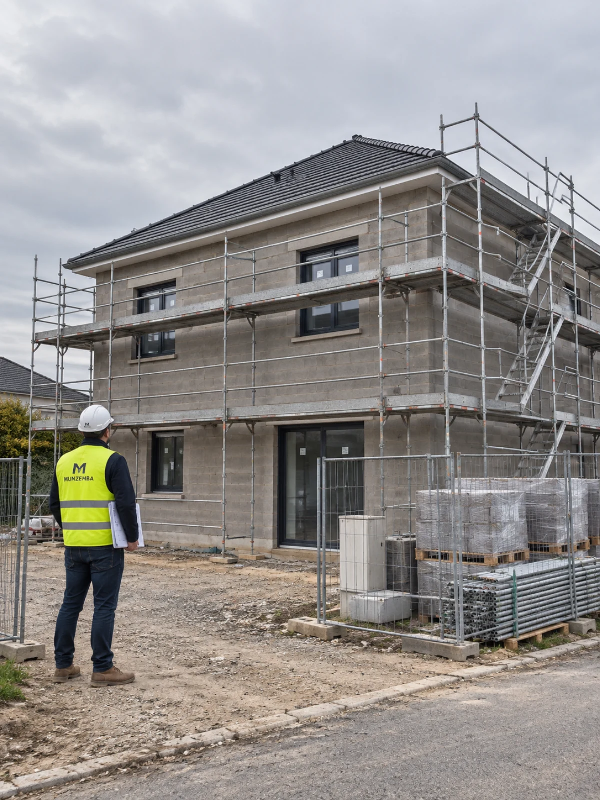 Maison individuelle en cours de construction, avec murs en blocs et échafaudage monté.