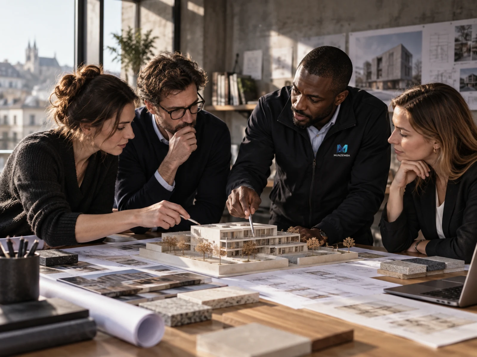 Équipe de projet réunie autour d’une maquette et de plans d’exécution.