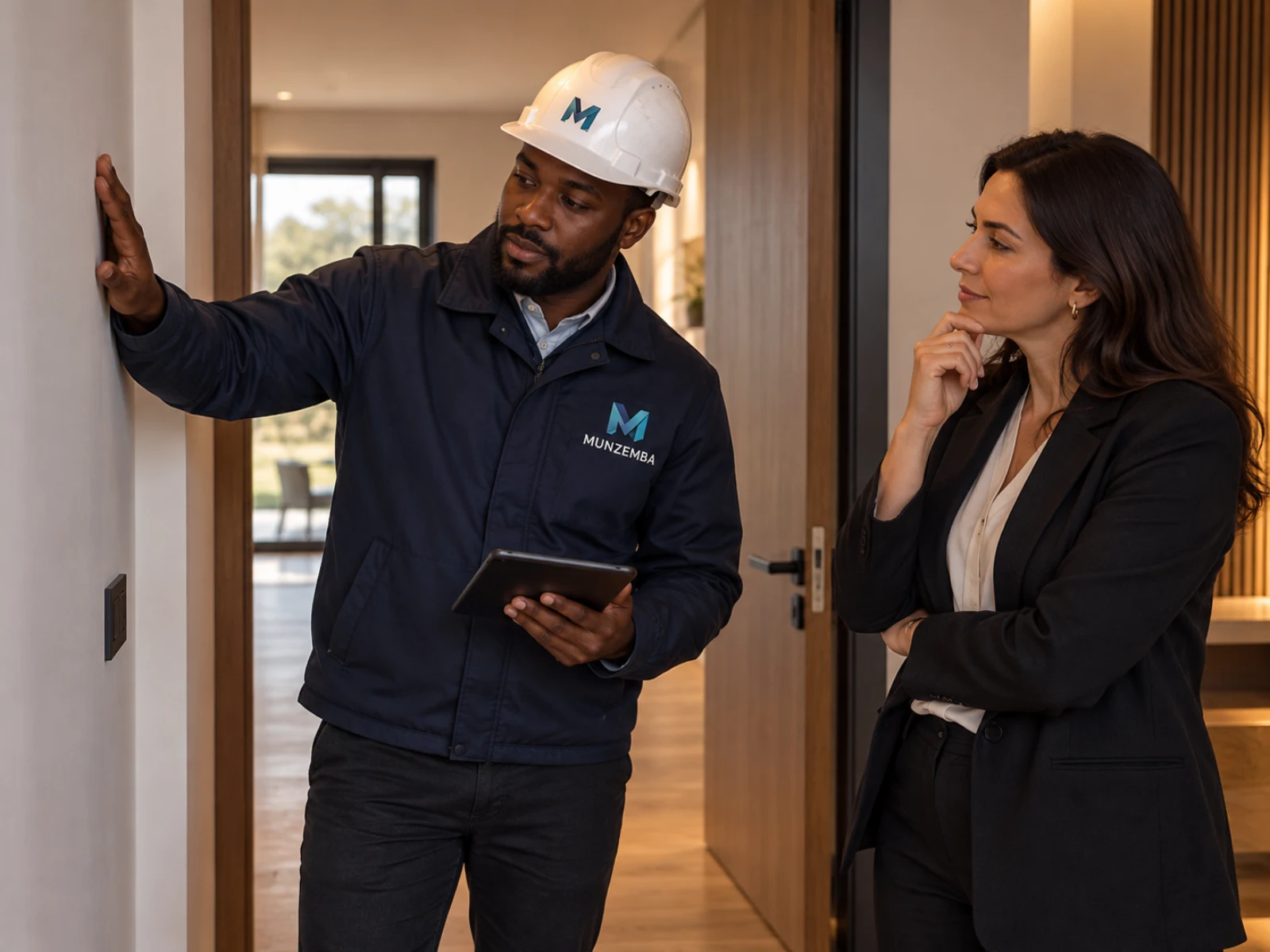 Responsable de travaux présentant les finitions d’un bâtiment à une cliente.