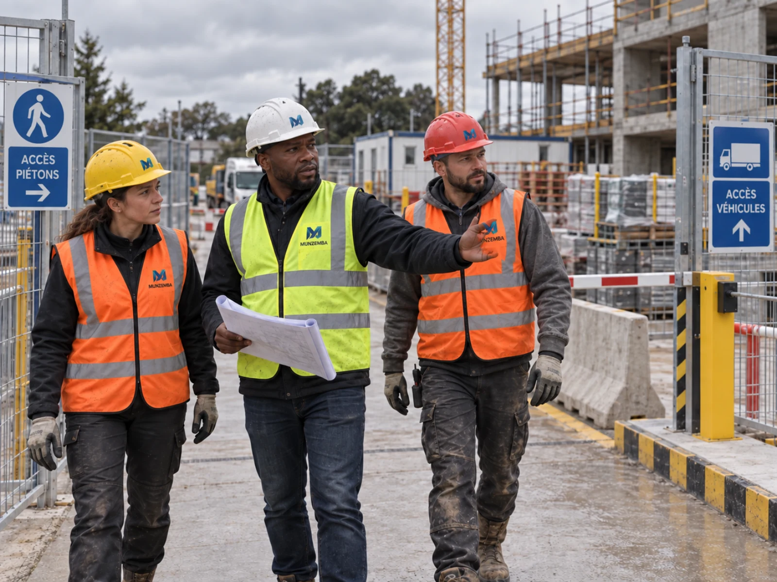 Équipe Munzemba contrôlant des accès piétons et véhicules sécurisés sur un chantier.