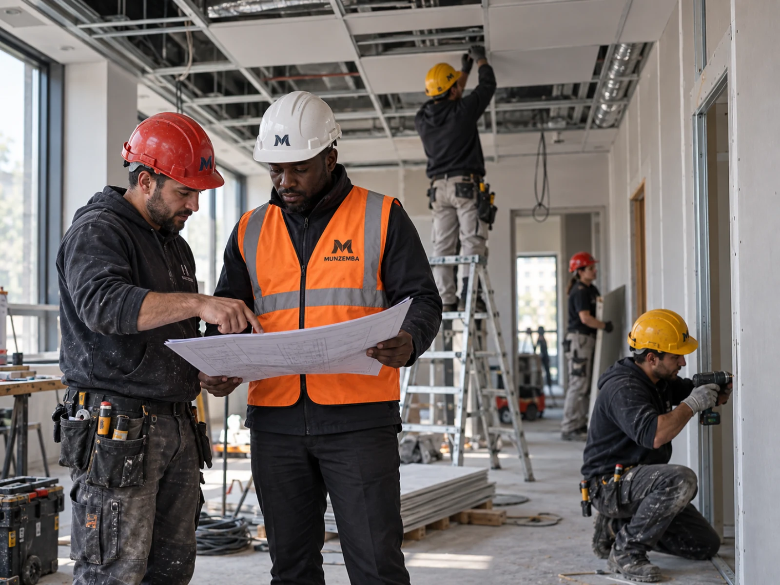 Responsable Munzemba et ouvriers pendant des travaux d’aménagement intérieur.