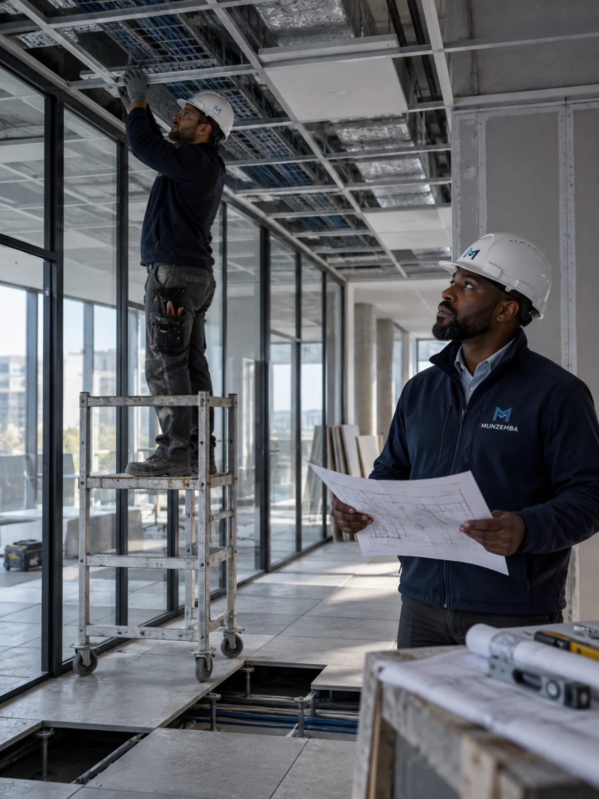 Pose d’un faux plafond et aménagement technique d’un plateau de bureaux.